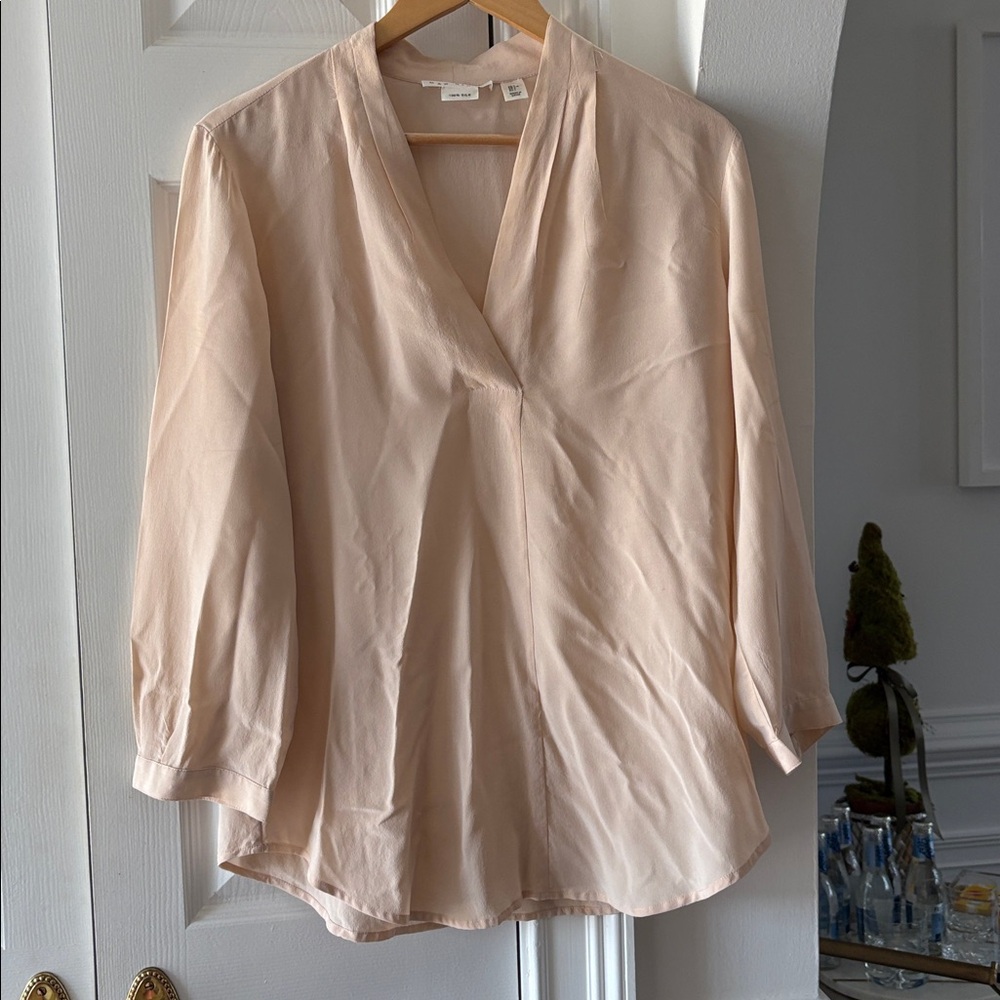 Max Studio Pale Peach V-Neck Silk 3/4 Sleeve Blouse, Size L - Picture 2 of 6
